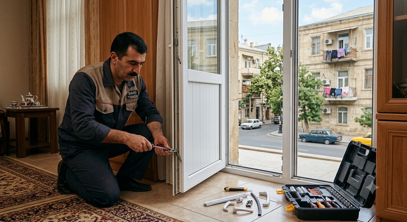 BPT ustası Bakıda mənzildə plastik (PVC) balkon qapısını yerində təmir edir — qapı təmiri xidməti